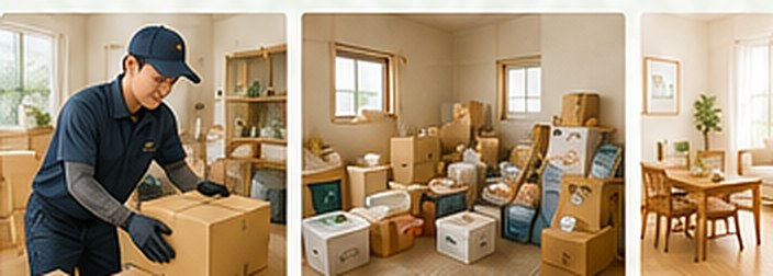 家財を段ボールに梱包する作業員と、荷物が積まれた室内