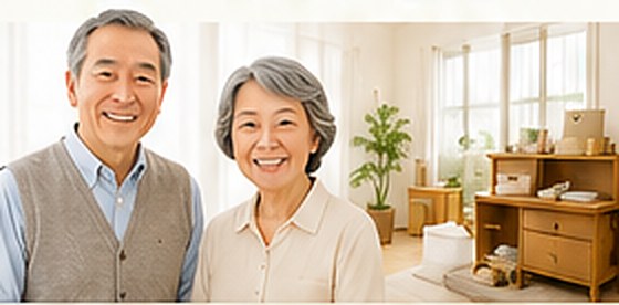 笑顔で並ぶご夫婦と、整理されたご自宅の室内