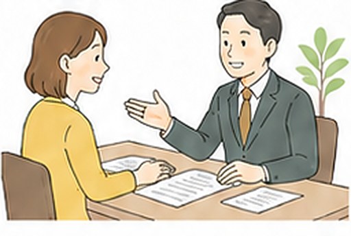 担当者と入居希望者が書類を前に相談しているイラスト