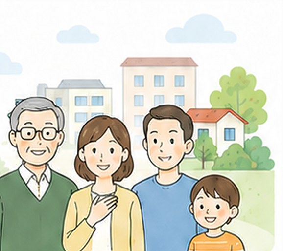 住宅街を背景に笑顔で並ぶ三世代の家族のイラスト